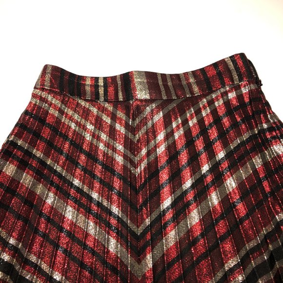 Sz S ZARA Red Black & Gold Metallic Accordian Pleated Striped Lurex Midi Skirt - Picture 16 of 16